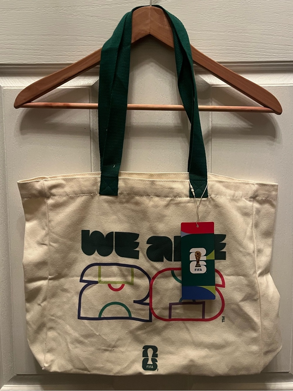 NWT FIFA 'We Are 26' Canvas Tote Bag in Natural with Green Straps